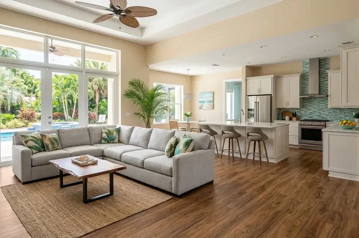 Inspiration: open-plan living room with walnut-look SPC vinyl plank flooring in Orlando FL